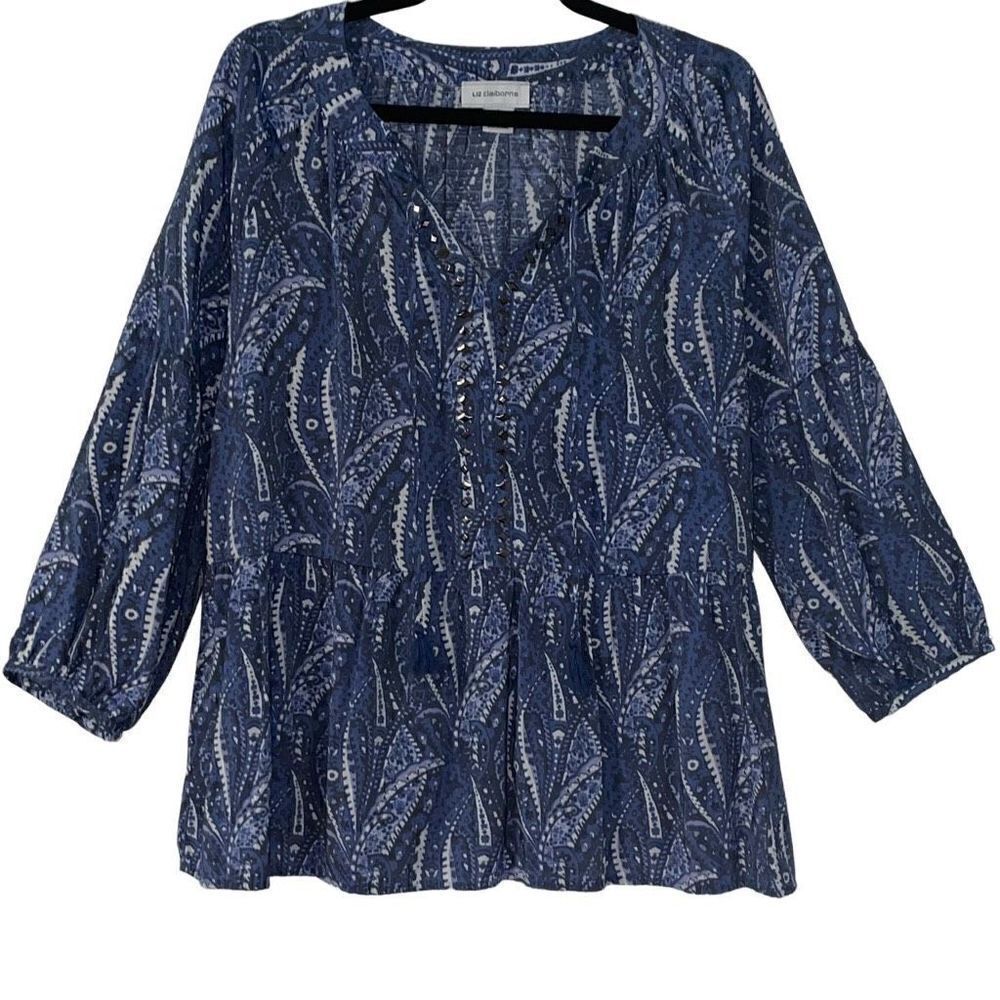 Liz Claiborne blue and white metallic detail tassel tie gathered blouse L